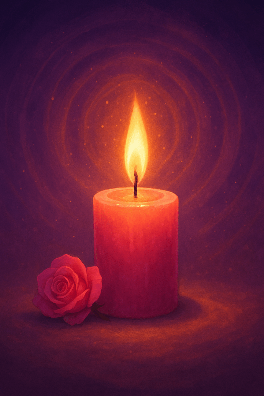 Bougie rose allumée entourée d’une aura lumineuse violette avec une rose déposée à côté, symbole d’amour et de rituel spirituel efficace dirigé par le marabout Jean La Lumière.