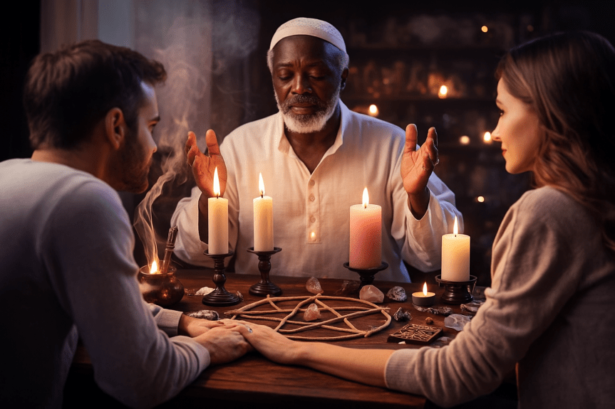 Rituel pour apaiser la colère et ramener la paix dans le couple, avec symboles d’amour et harmonisation réalisés selon la méthode du marabout Jean La Lumière.